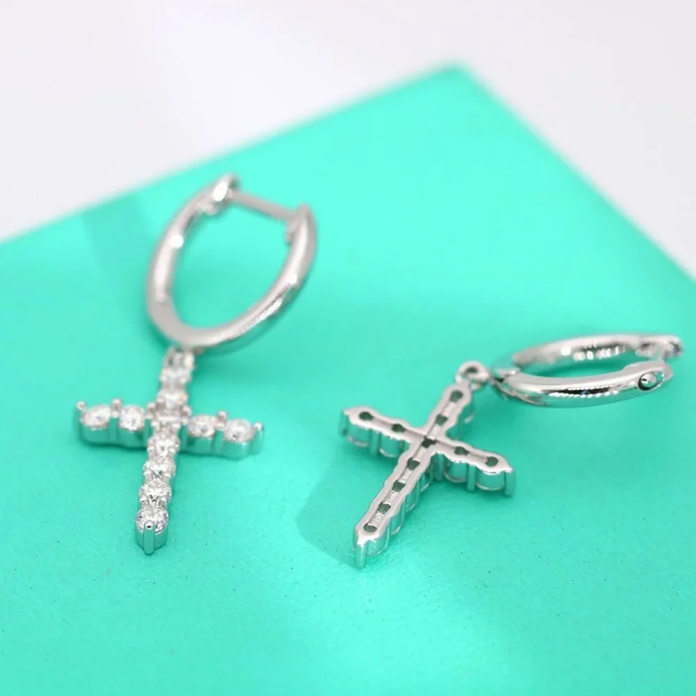Certified 2mm Moissanite Diamond Cross Huggie Hoop Earrings NEW